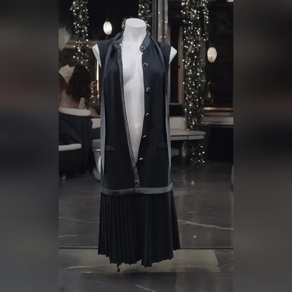 Iconic Fink Modell 1960s Black Satin Bow Tie Sleeveless Shift Dress Pleated Midi - Picture 4 of 12